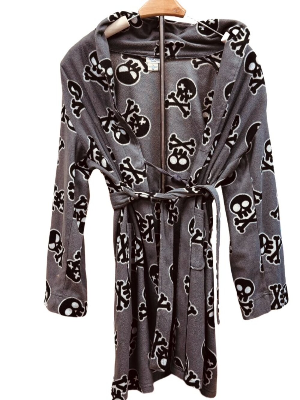 Cherokee Gothic Grey Black Robe Skull Crossbones Fleece Bathrobe Pockets Belt